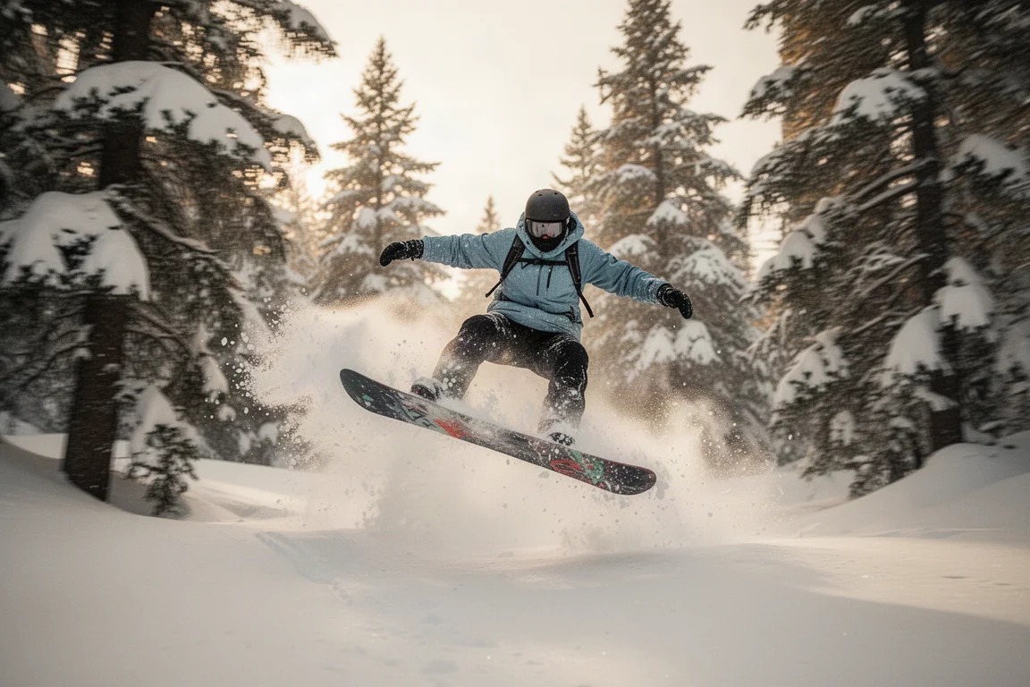 Snowboarder che fluttua nella neve profonda nella luce morbida del pomeriggio