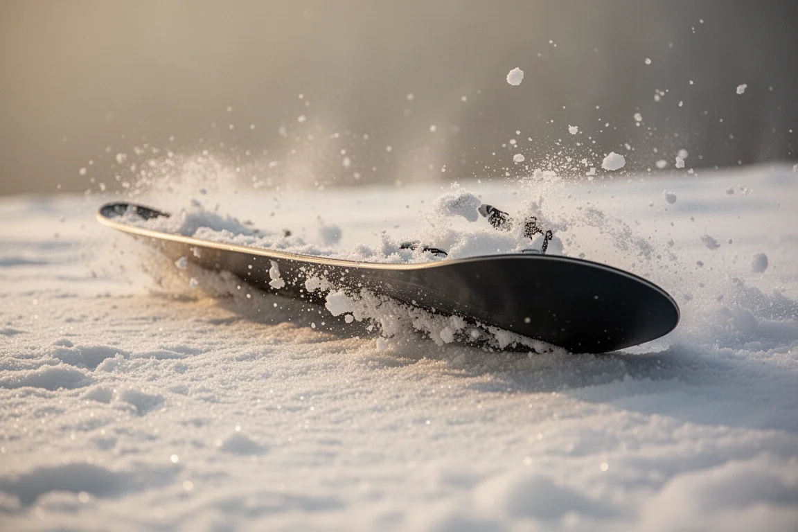 Base di uno snowboard che scivola su neve bagnata e molle