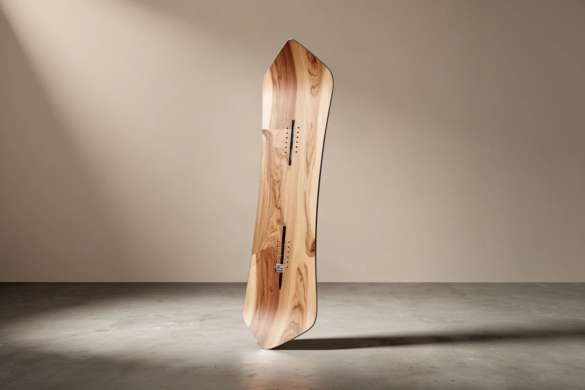 Snowboard all-mountain Nidecker con tavella in legno di frassino su un pavimento di cemento