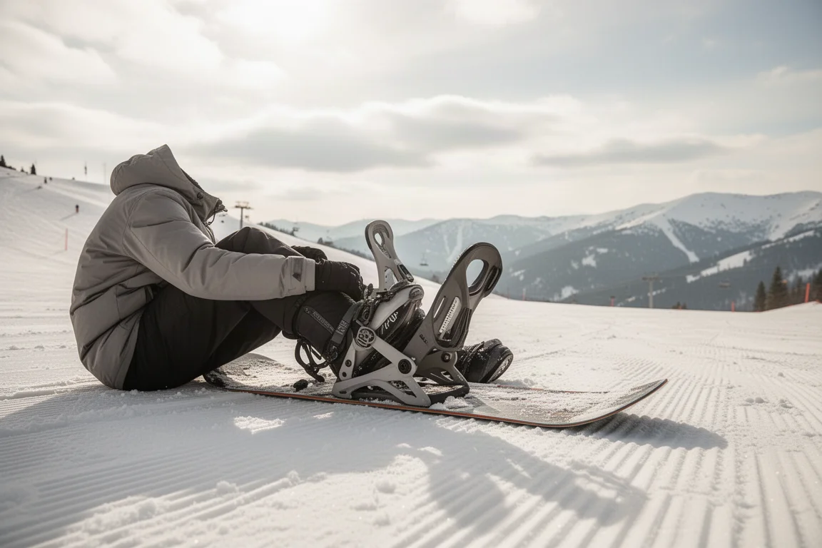 Snowboarder ajustándose las fijaciones en una pista soleada en una estación de montaña