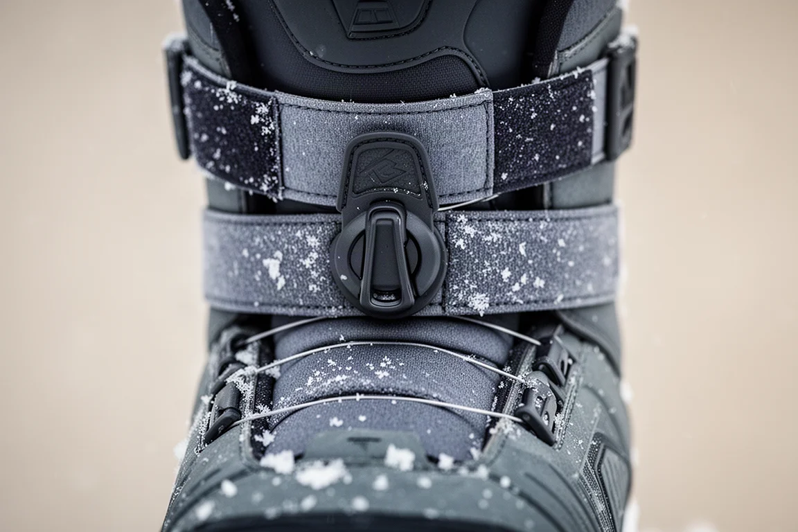 Primer plano del strap híbrido acolchado de una fijación de snowboard sobre una bota