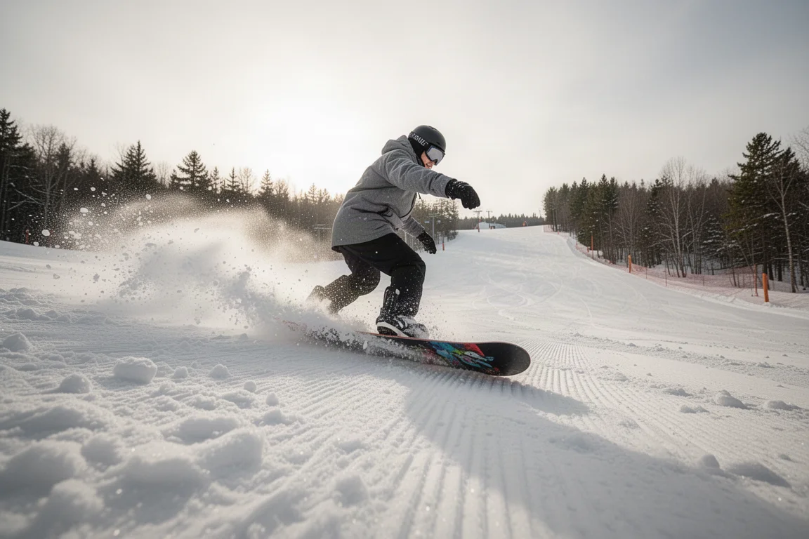 Snowboarder tallando de canto sobre nieve suave y empapada de final de temporada