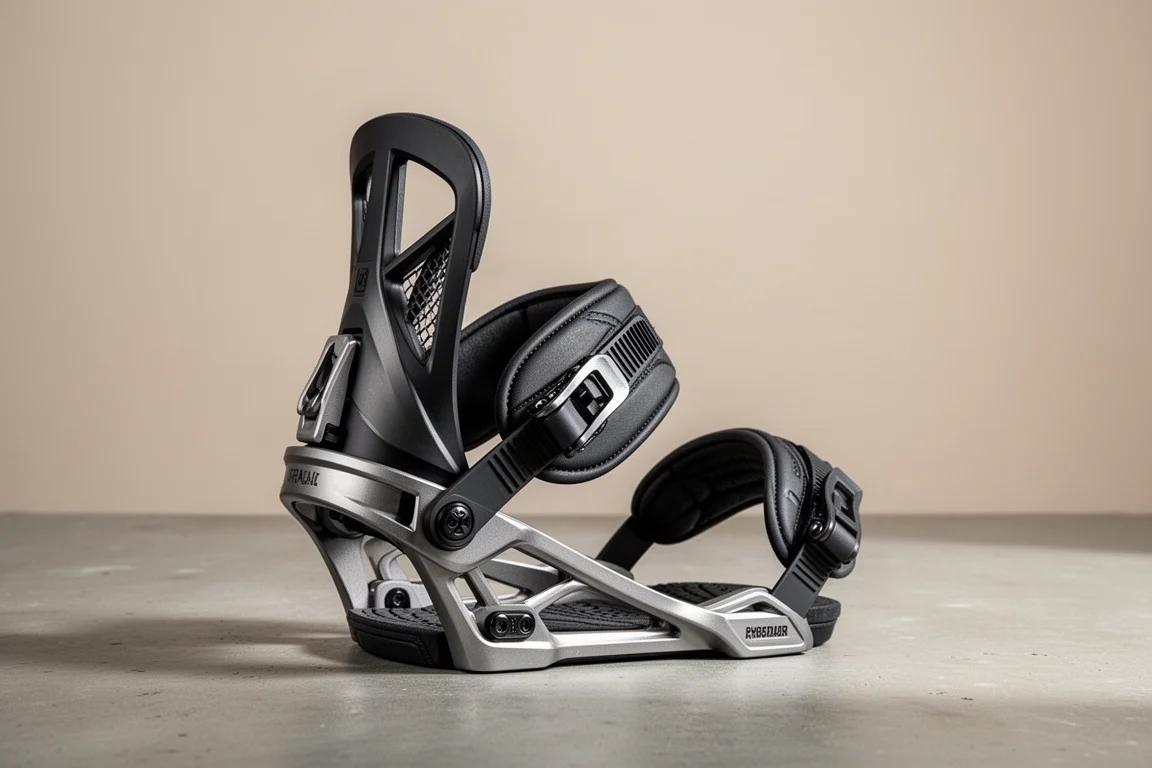 Fijación de snowboard Nidecker Flow NX2 Hybrid con el highback plegado sobre una superficie de hormigón