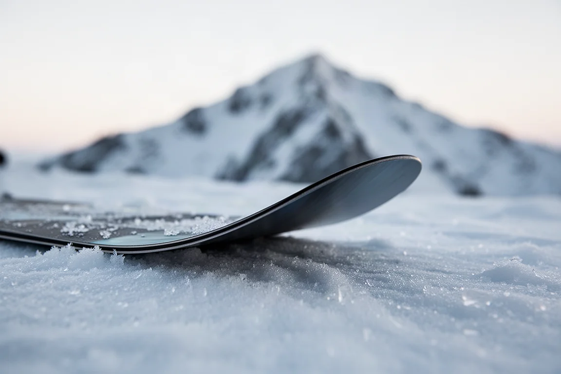 Närbild på en snowboards nos på packad snö med en mycket tunn, avsmalnande spets