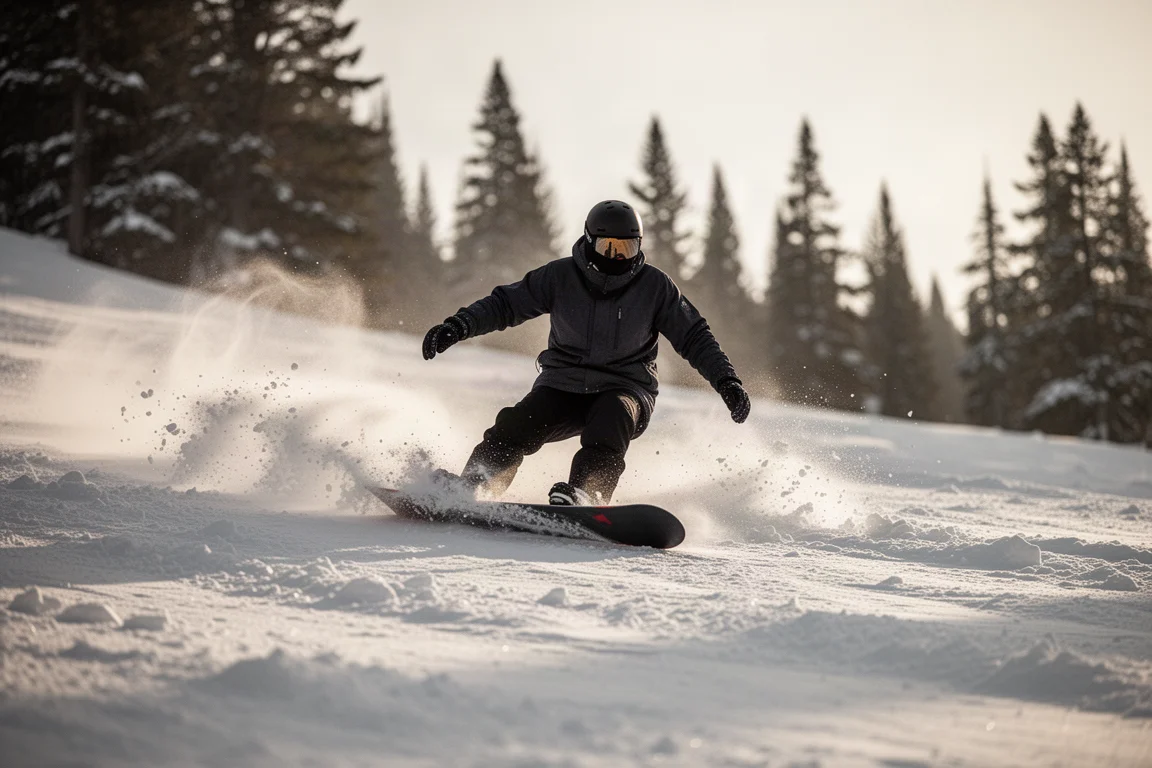 Freeride-snowboardåkare som skär genom upptrampad snö med snösprut bakom brädan