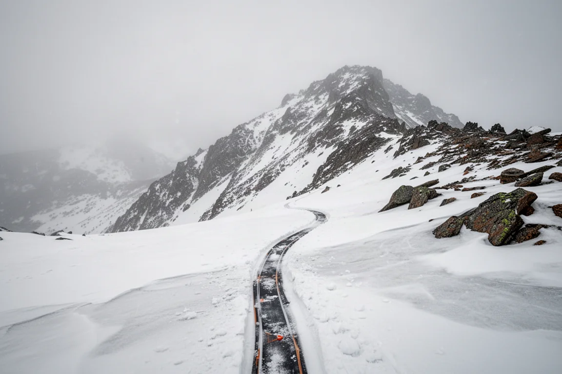 Alpin Traverse där pannkaka, puder och sten möts med ett snowboardspår