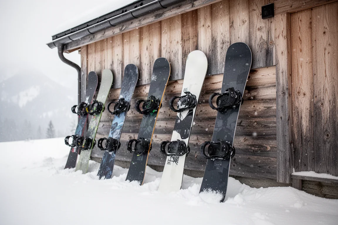 Rad av snowboards som lutar mot en trävägg utanför en fjällstuga
