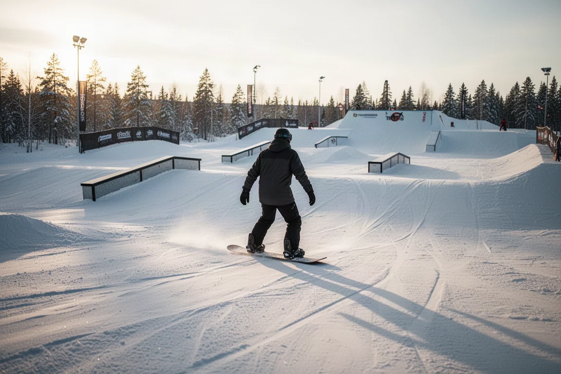 Snowboardåkare som glider genom en snöpark i norra Sverige