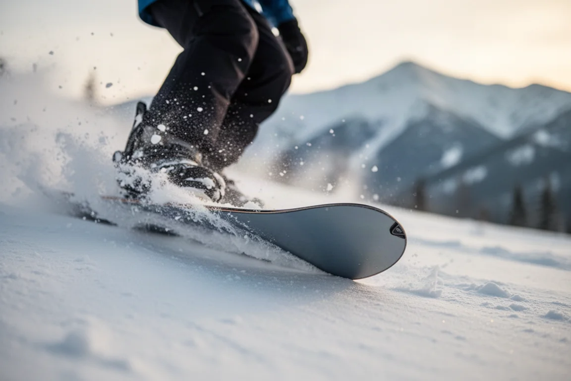 Närbild på en snowboardskide som skär i packad snö