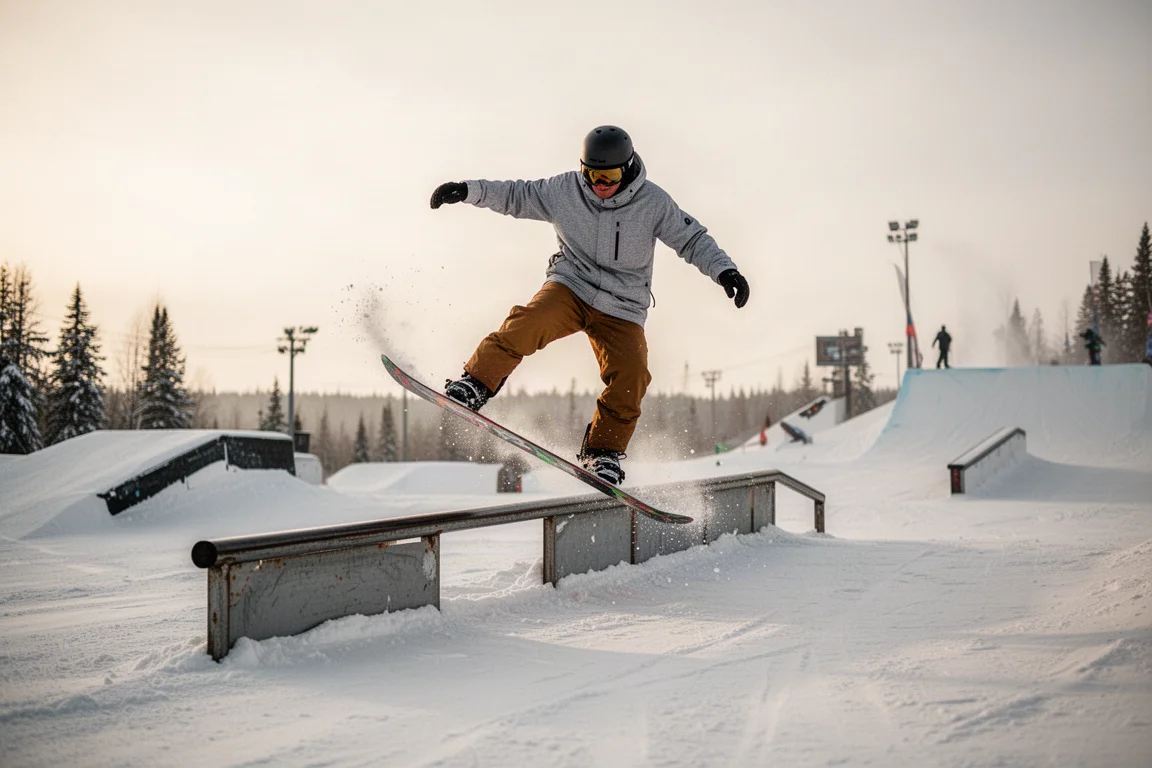 Snowboardåkare som pressar på ett rail i en terrainpark