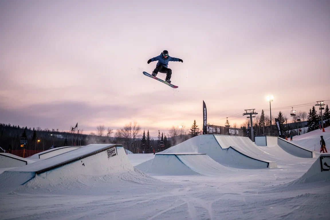 Åkare som hoppar från en hopplinje i skymningen