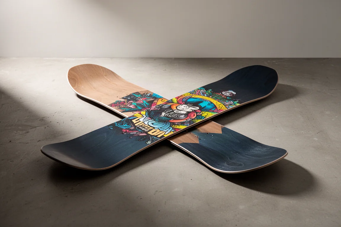 Asymmetric freestyle snowboard with twin-tip shape laid on a concrete surface