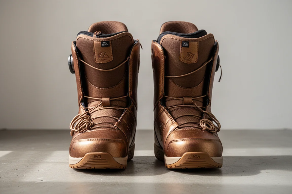 Frontansicht asymmetrischer Snowboard-Boots mit erkennbarem außermittigem Design