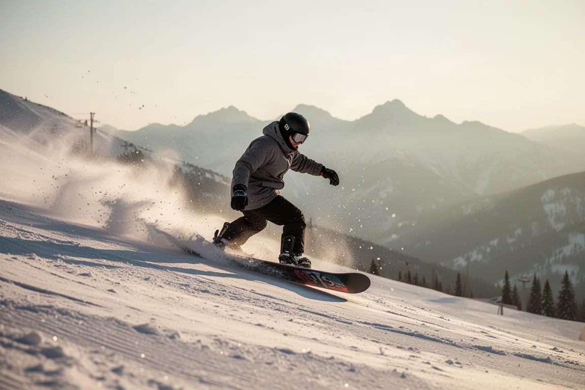 Fahrer zieht einen Carving-Turn auf einer präparierten Piste