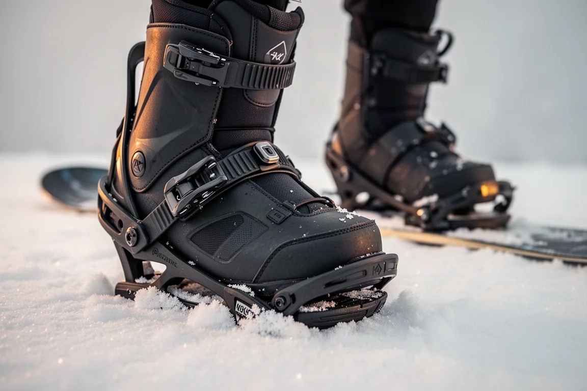 Snowboard-Binding und Boot Interface auf Schnee, Board liegt daneben