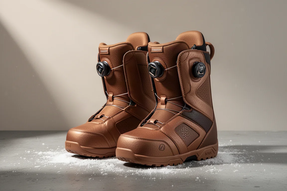 Pair of asymmetric all-mountain snowboard boots in bronze tones on concrete