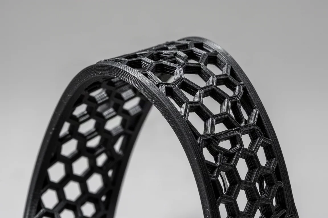 Nahaufnahme eines 3D-gedruckten sechseckigen Gitterstraps, der sich bei weichem Licht biegt