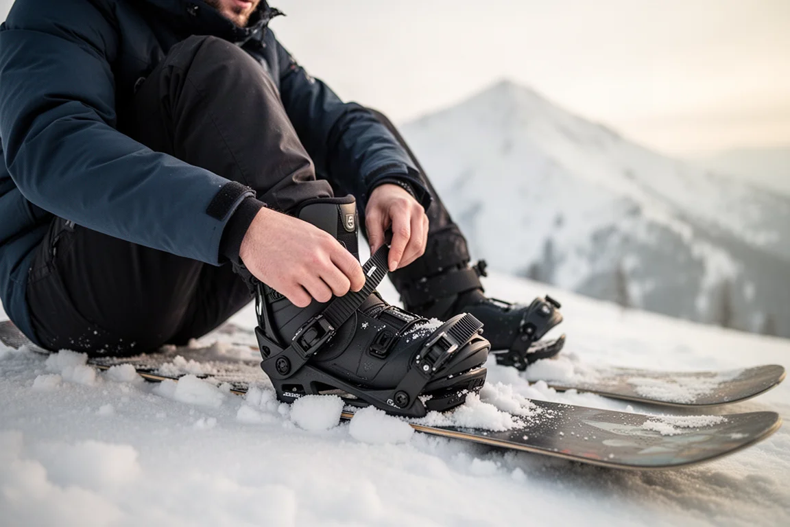 Snowboarder schnallt sich bei weichem Morgenlicht im Schnee ins Binding