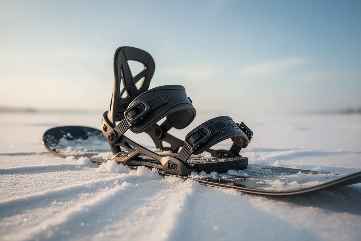 Snowboard-Binding auf einem Board, das auf frischem Pulverschnee liegt