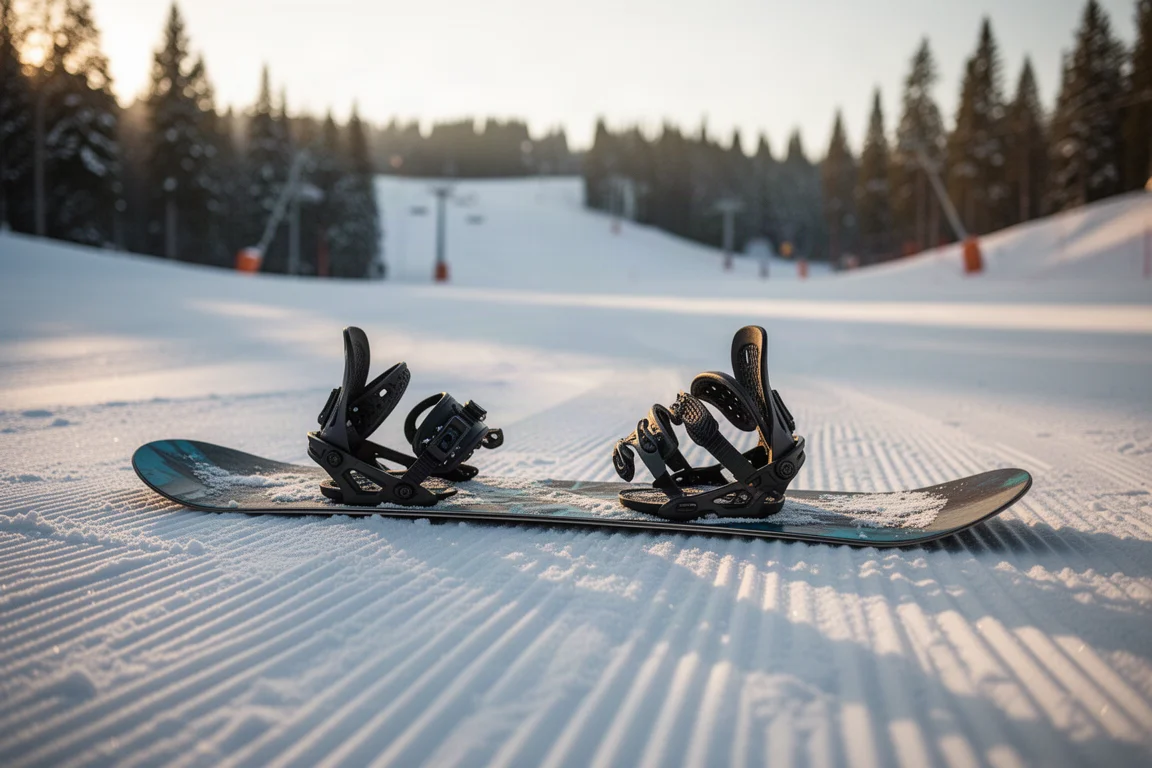 Snowboard resting on packed snow at a resort with bindings visible in late afternoon light
