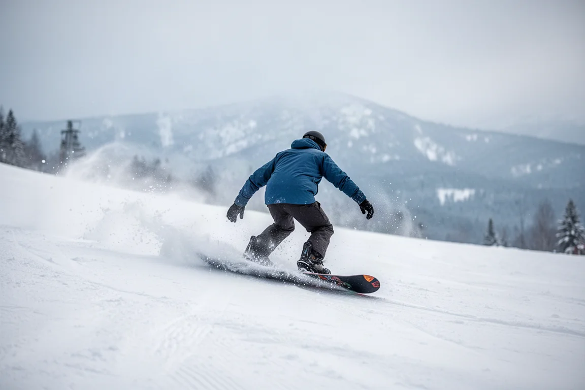 Snowboarder carving a turn on a groomed slope, seen from behind