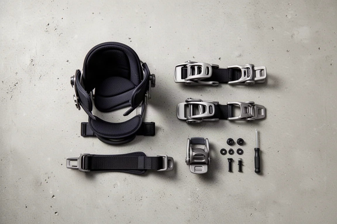 Overhead flat-lay of snowboard binding straps, buckles and hardware on concrete