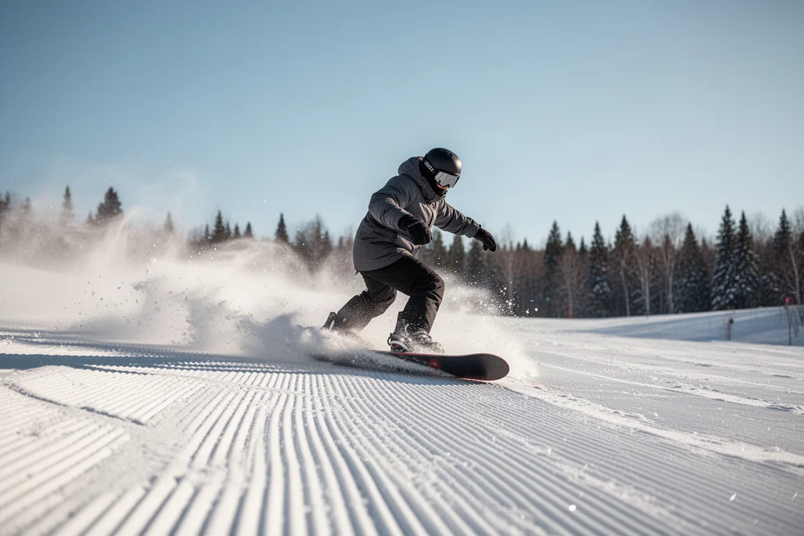 Snowboarder carving down a wide mountain slope in soft daylight
