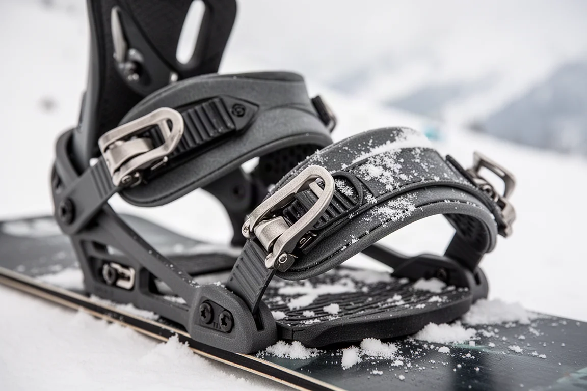 Close-up of a snowboard flexing under a binding on snow