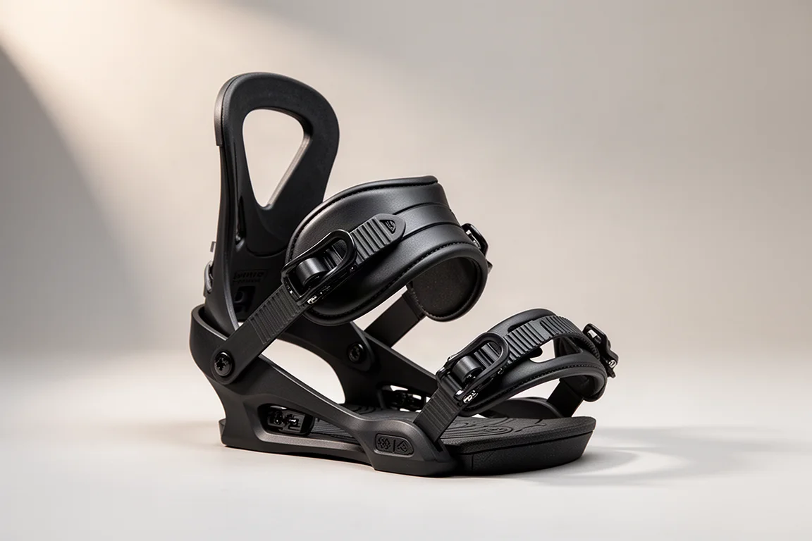 Pair of snowboard bindings with padded straps and highbacks on a concrete surface