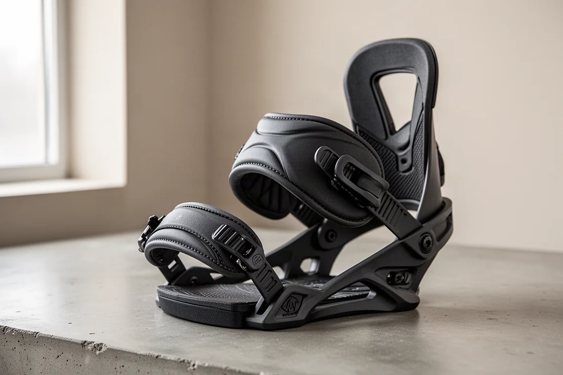 Straps und Highback einer Snowboard-Bindung vor neutralem Hintergrund im Detail