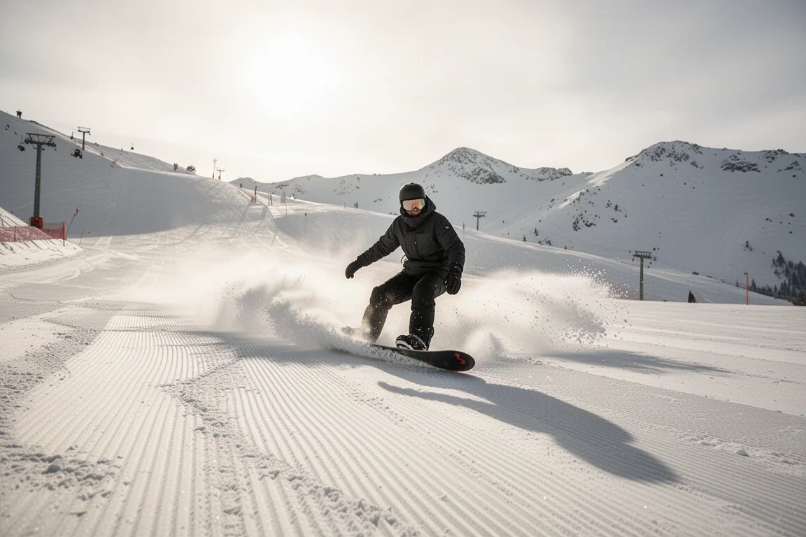 Snowboarder carve an einem sonnigen Bergtag über eine präparierte Piste
