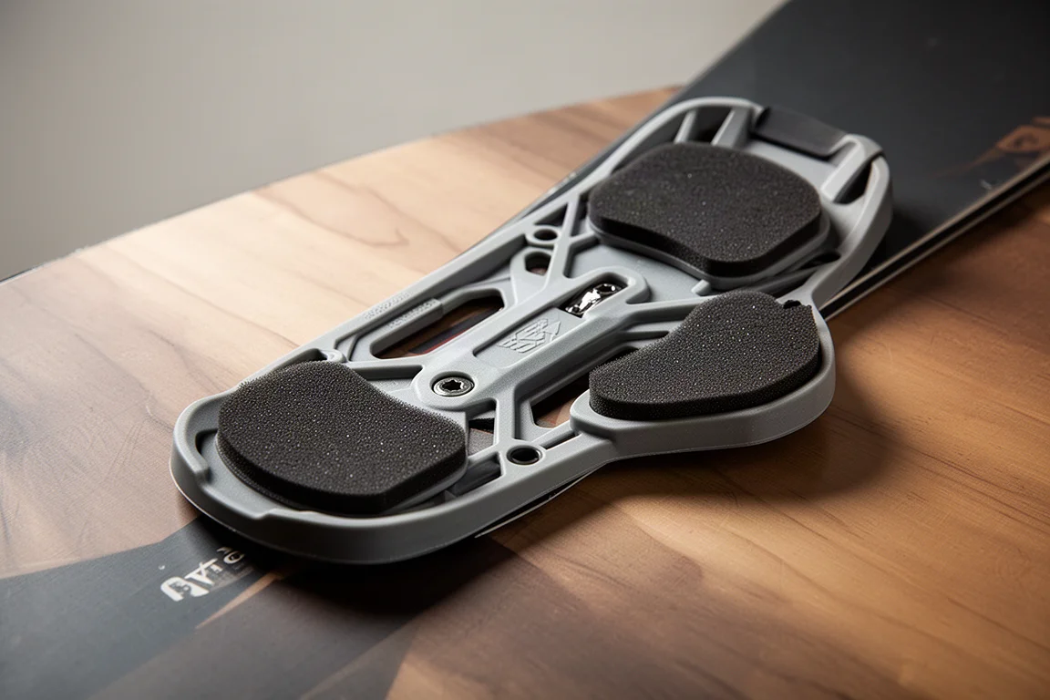 Unterseite des Chassis einer Snowboard-Bindung mit Fersen- und Zehenpolstern