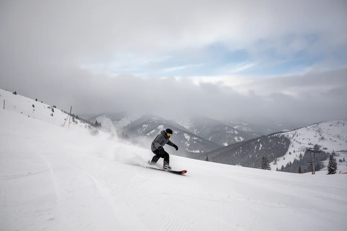 Snowboarder fährt auf festen präparierten Pisten an einem bewölkten Bergtag
