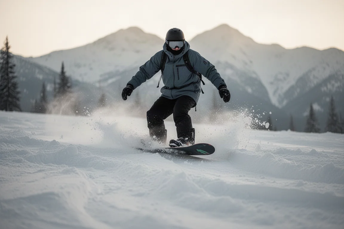 Snowboarder absorbiert Aufprall auf aufgewühltem, unebenem PistenTerrain