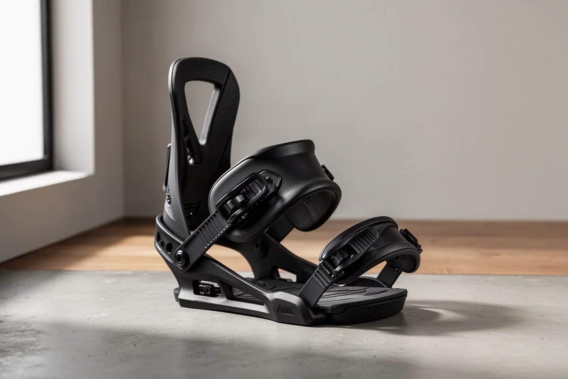 Nidecker Kaon Pro Snowboard-Bindung in mattem Schwarz auf einer Betonfläche
