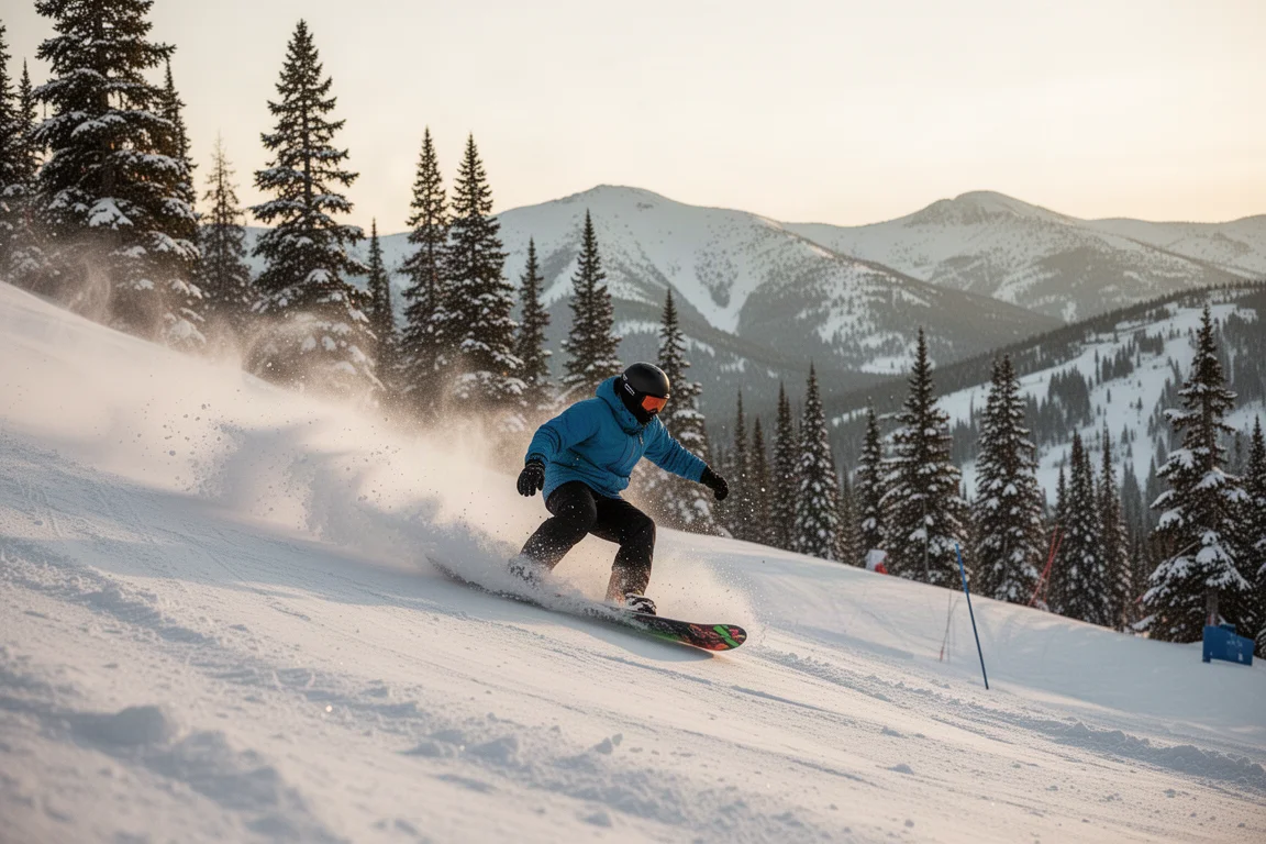 Rider carving a technical descent on an in-bounds run at speed