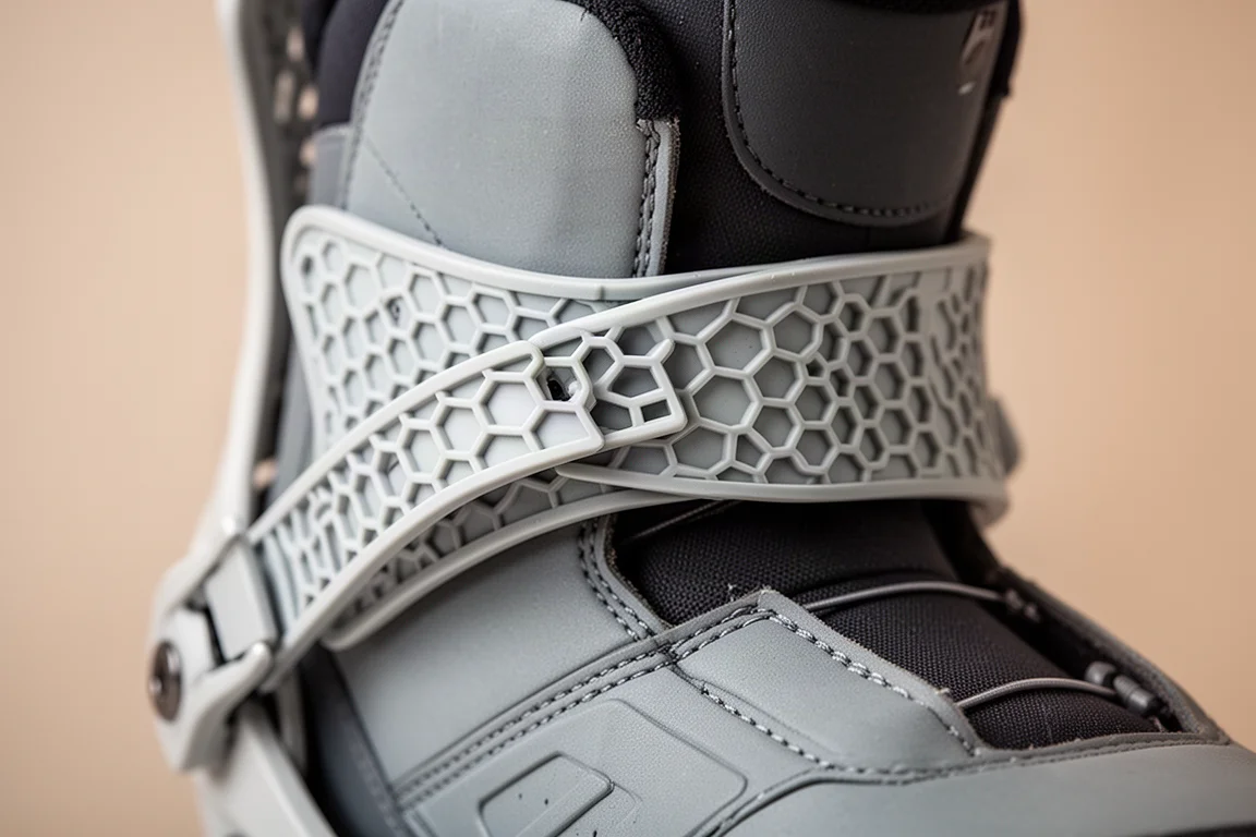Close-up of auxetic honeycomb ankle strap wrapping around a snowboard boot