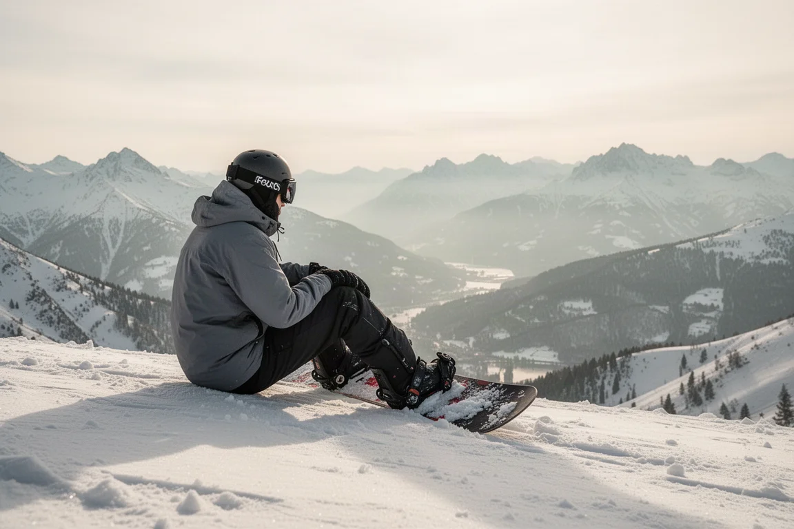 Snowboarder strapping in on a ridge line preparing for a long day on the hill