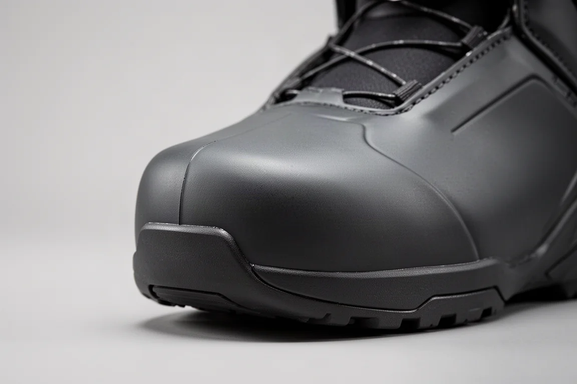 Close-up of a snowboard boot shell with minimal seams across the toe box