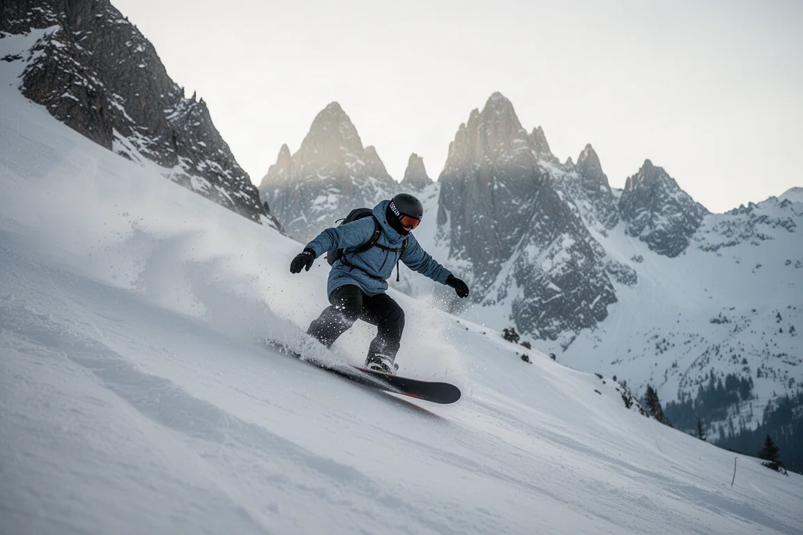 Snowboarder carving hard on a steep alpine run in cold morning light