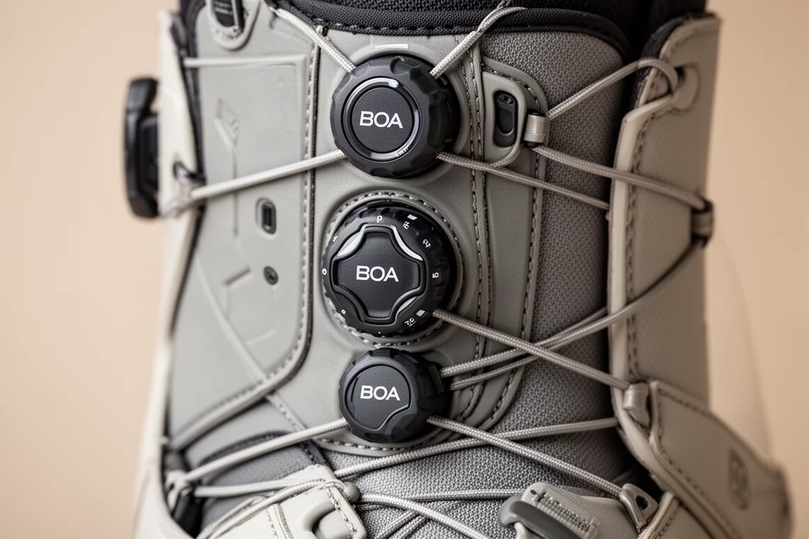 Dual zone BOA dial detail on the side of a stiff snowboard boot