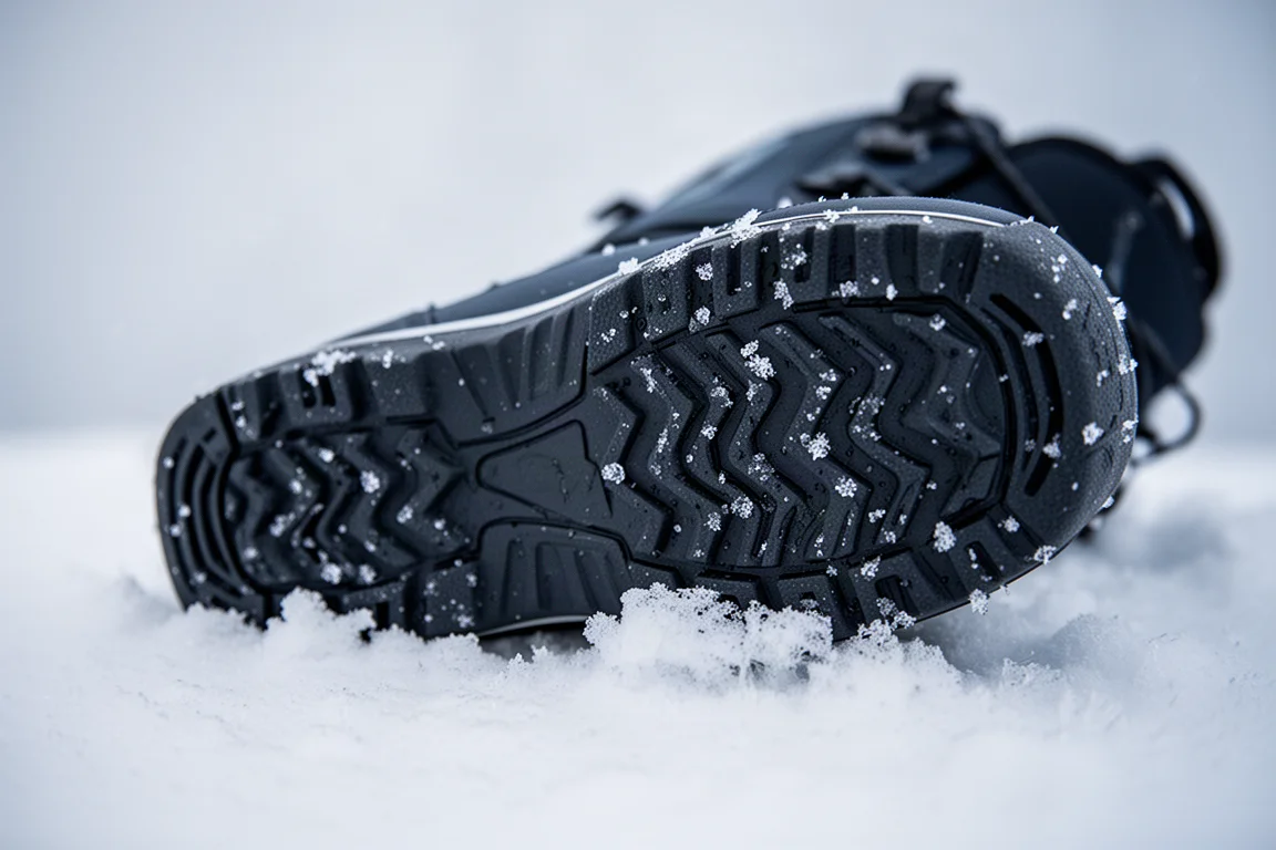 Vibram outsole tread pattern of a snowboard boot resting on snow