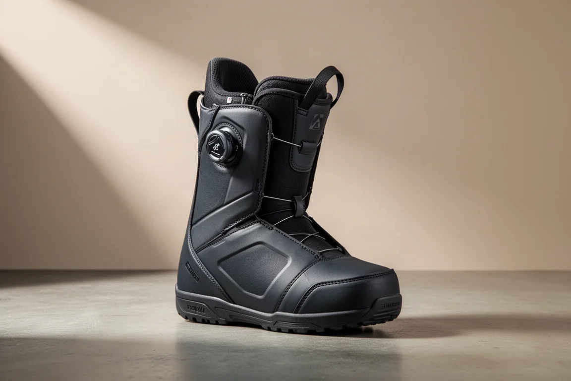 Snowboard boot Nidecker Kita Apex nei toni scuri opachi su superficie in cemento