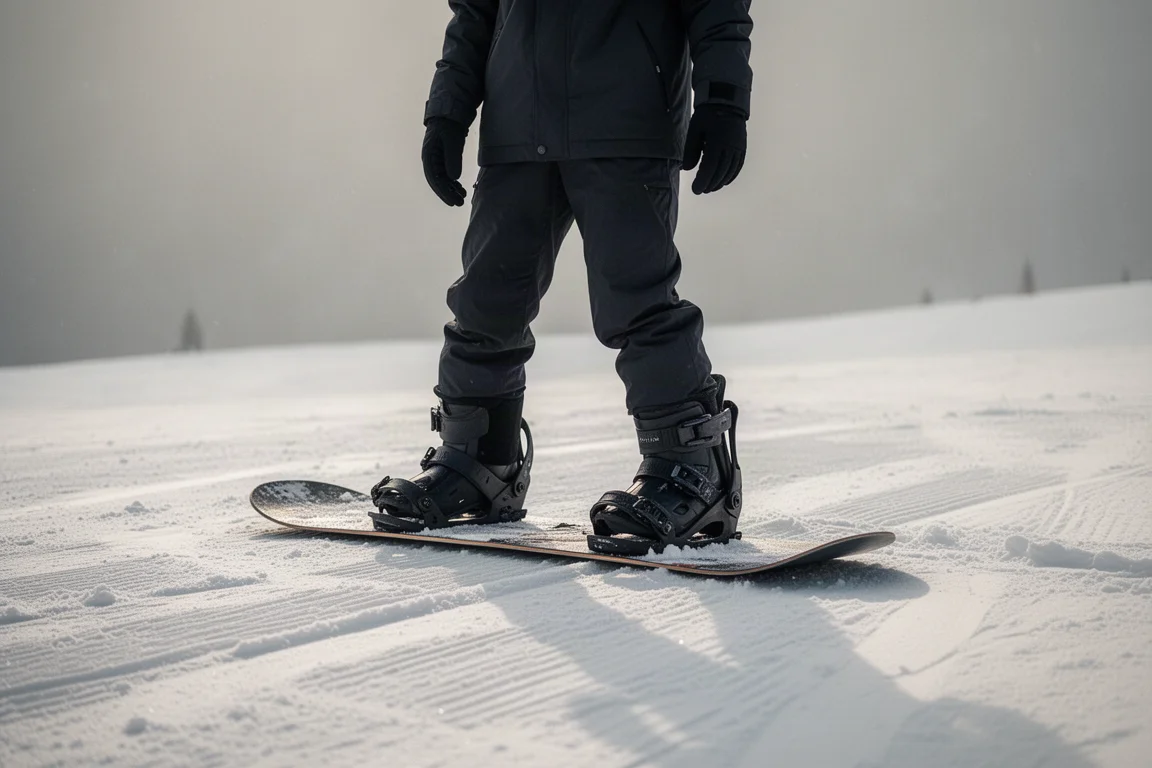 Snowboarder flexing forward in stiff snowboard boots on hard-packed snow