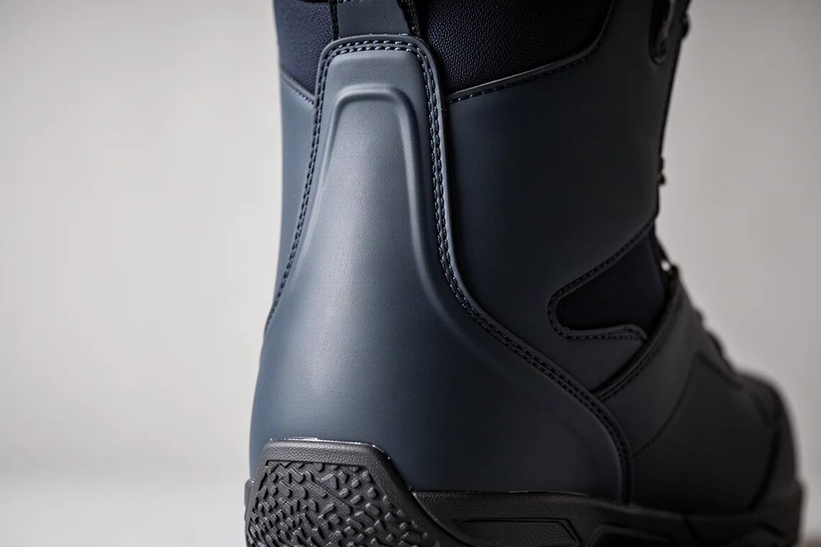 Close-up of the rigid back spine on a snowboard boot heel