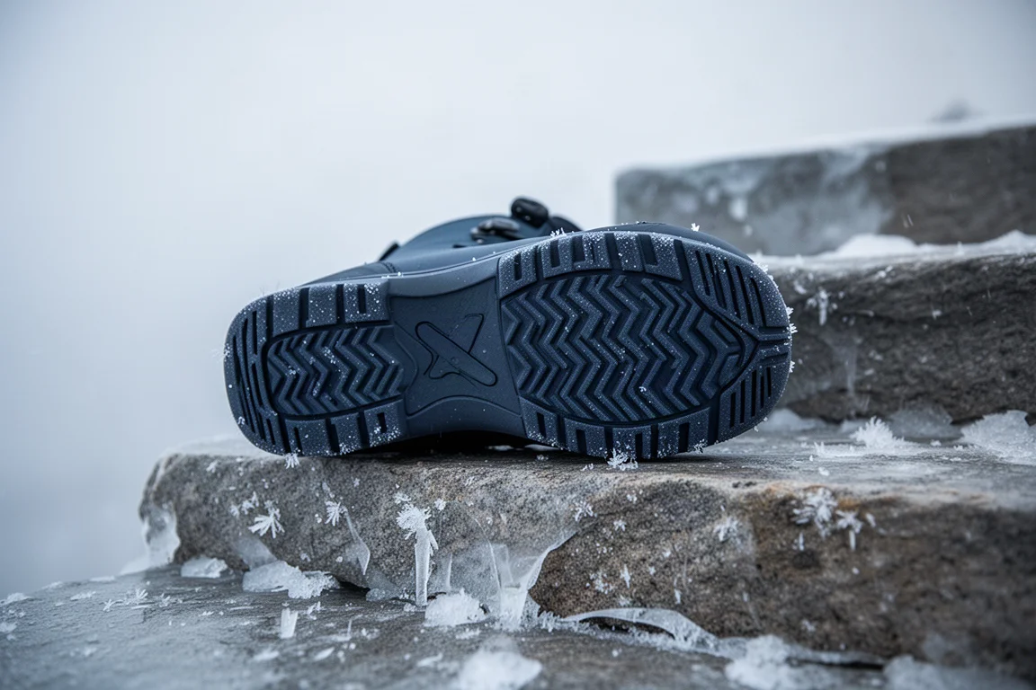 Boot outsole resting on icy cobblestone showing tread pattern