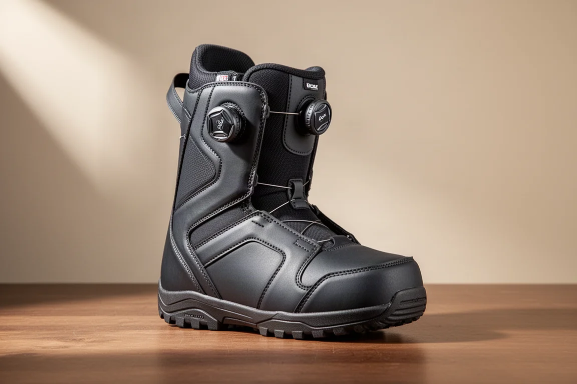 Dark snowboard boot with dual dial closure and rugged outsole on wood surface