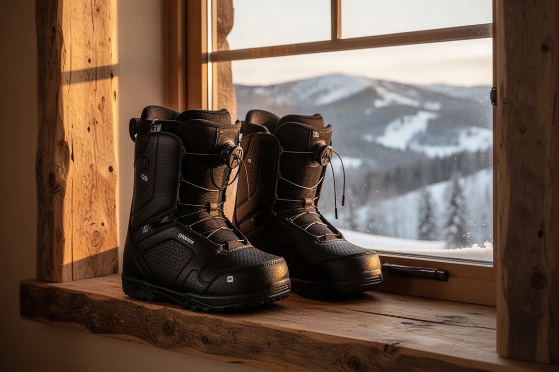 Pair of black women's snowboard boots on a wooden shop floor