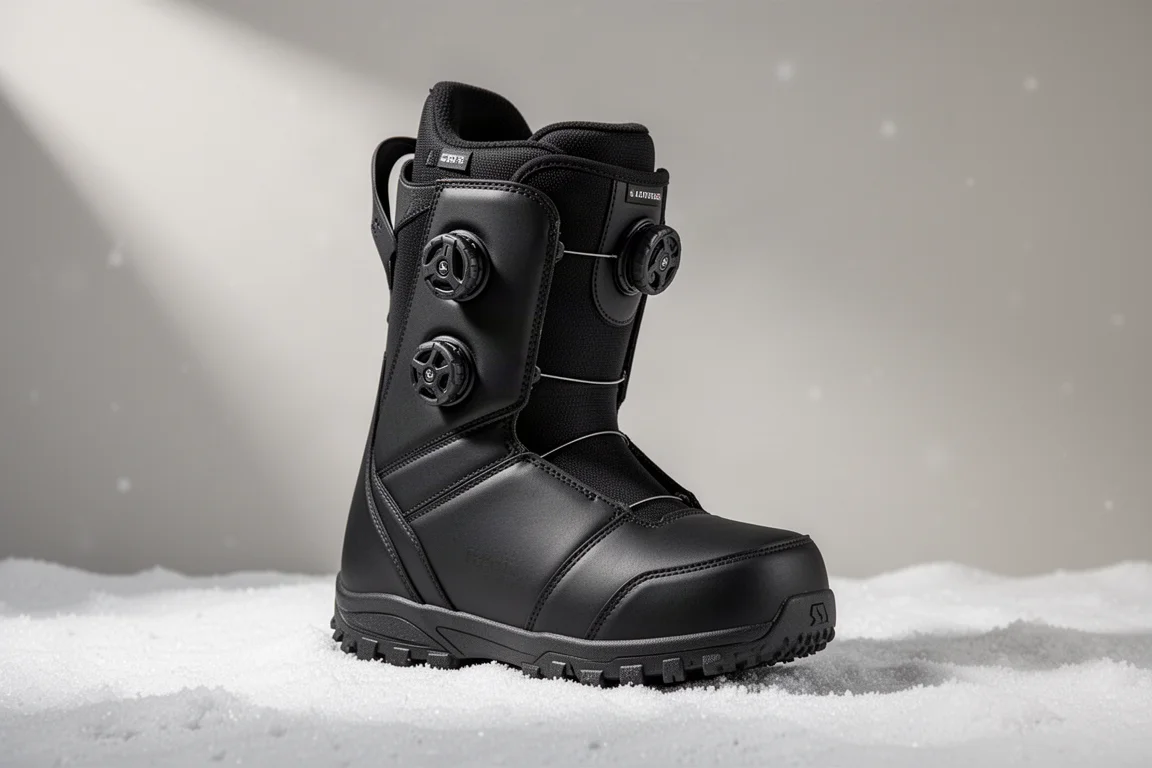 Pair of black women's snowboard boots on a concrete surface