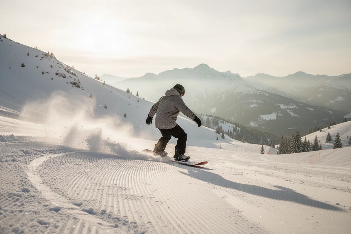 Snowboarder fährt einen gespurten Hang an einem sonnigen Bergmorgen